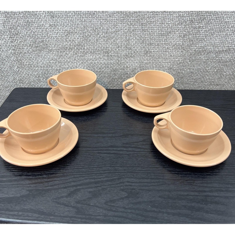 Vintage Texas Ware Melamine Cup‎ and Saucer Set 8pc Peach Tan MCM 100 120 USA